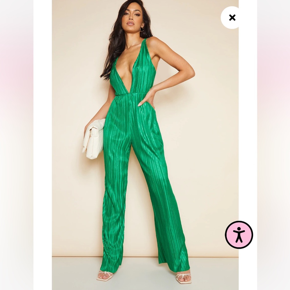 Pretty Little Thing Green Plisse Plunge Strappy Jumpsuit